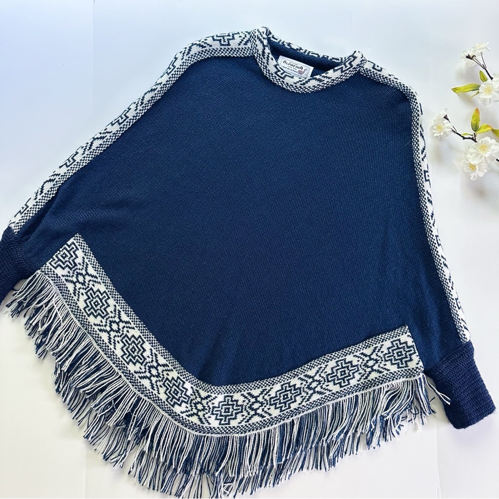 NEW Boutique Navy Blue Alpaca Wool Fringe Sweater Poncho - Picture 2 of 5
